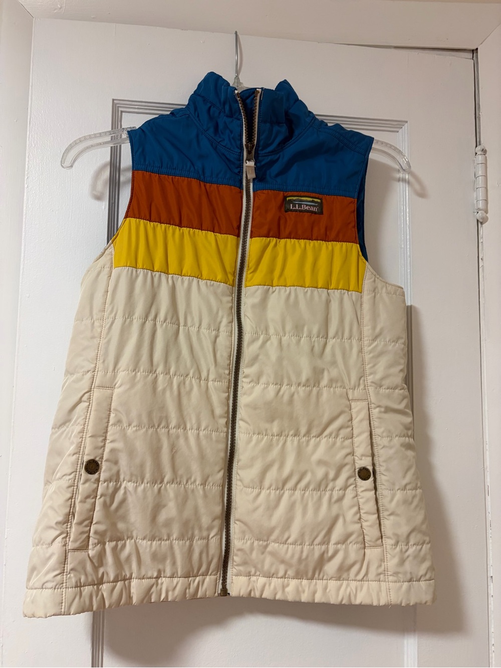 L.L. Bean WomensColorblock Puffer Vest - Cream, Blue, Yellow, Rust